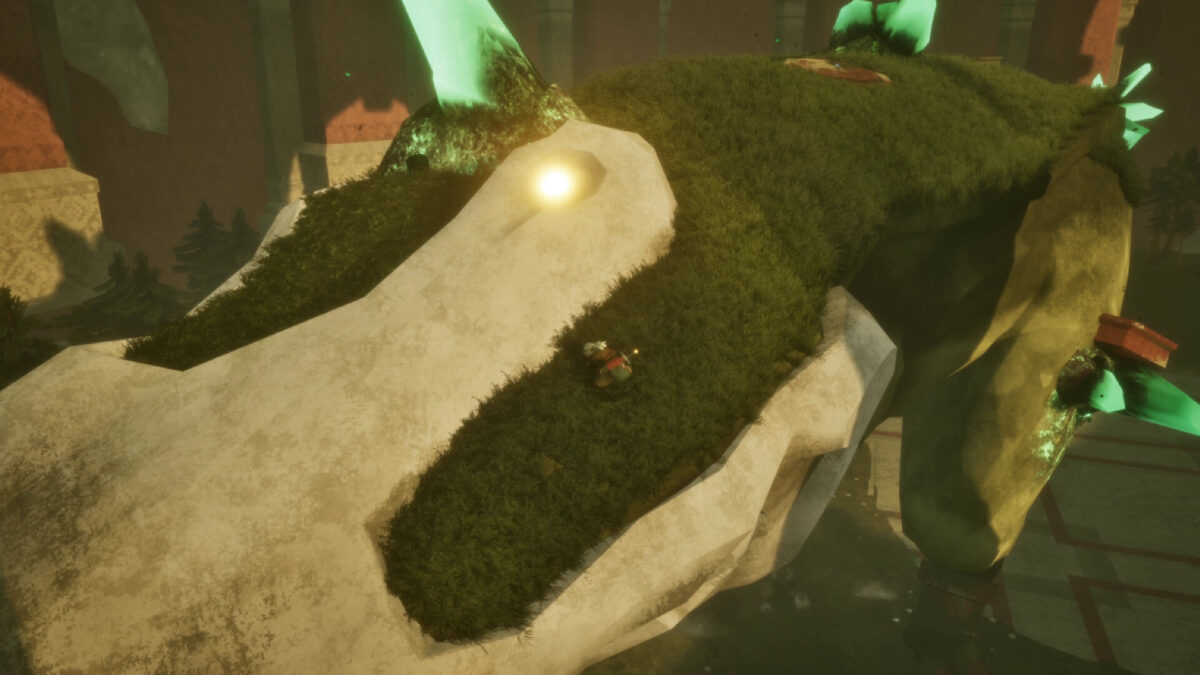 Nyra climbs the moss-covered back of a giant Keeper in Nyra and the Garden of Moros