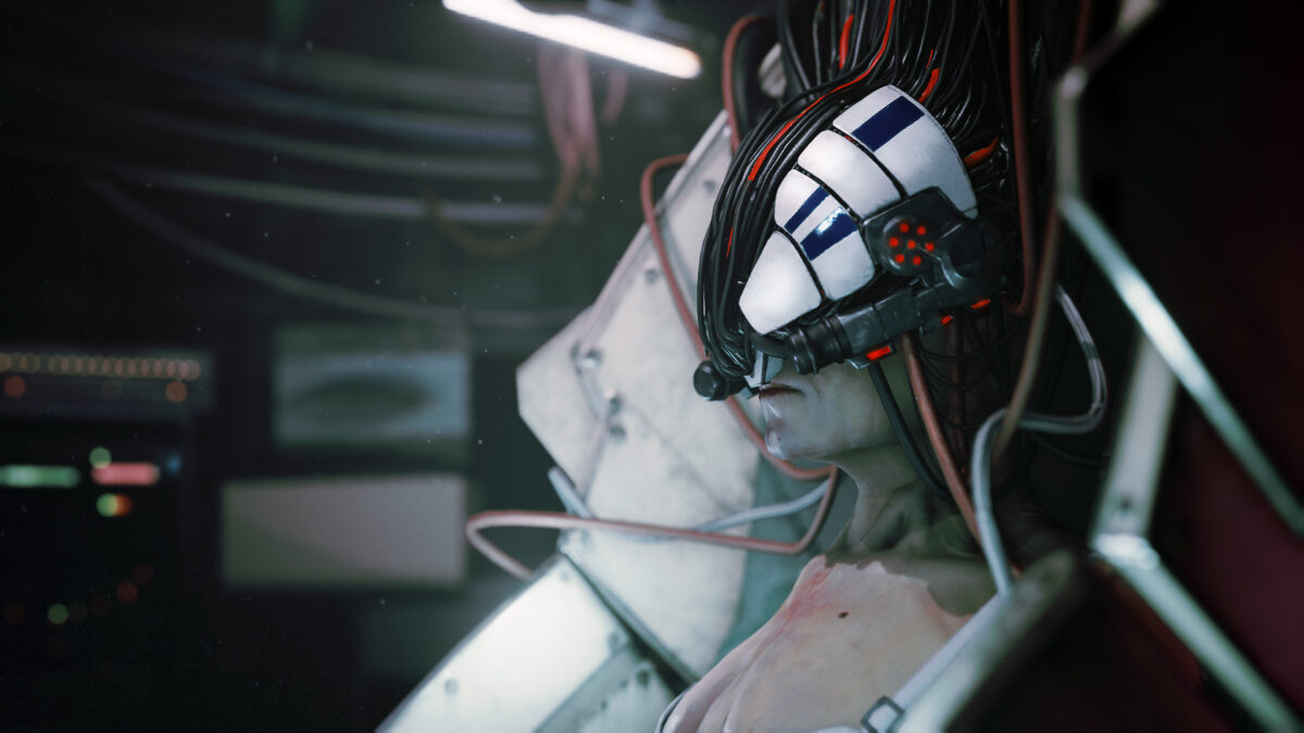 A wired neural headset clamped over the face of a figure in a dim cyberpunk lab in Observer System Redux
