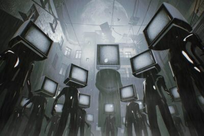 Figures with old television sets for heads crowd a rain-soaked courtyard in a dream sequence from Observer System Redux