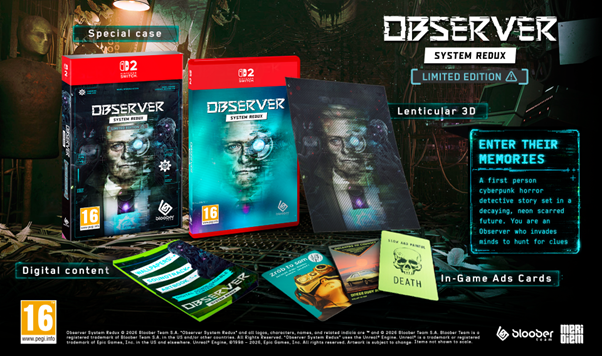 Observer System Redux Limited Edition for Nintendo Switch 2 with special case, lenticular 3D postcard and in-game ad cards