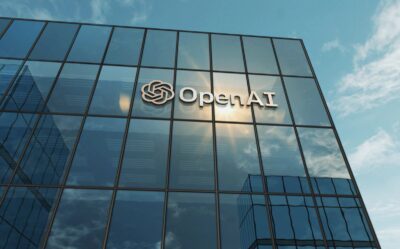 OpenAI logo on the glass facade of an office building — Photo: Skorzewiak / Depositphotos