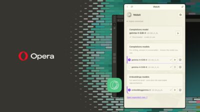 Opera logo beside the WebAI settings panel listing local Gemma models — Image: Opera