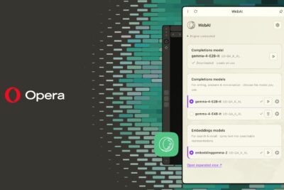 Opera logo beside the WebAI settings panel listing local Gemma models — Image: Opera