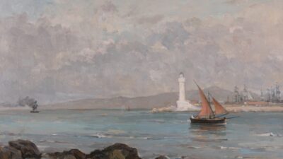 Pericles Pantazis painting Le phare de Marseille, a white lighthouse and a fishing boat with red sails in the bay of Marseille