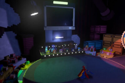 Party Party Parrot stands in a spotlight on the game-show stage in Plushie Party, with plush contestants lined up behind scoreboards and a prize wheel