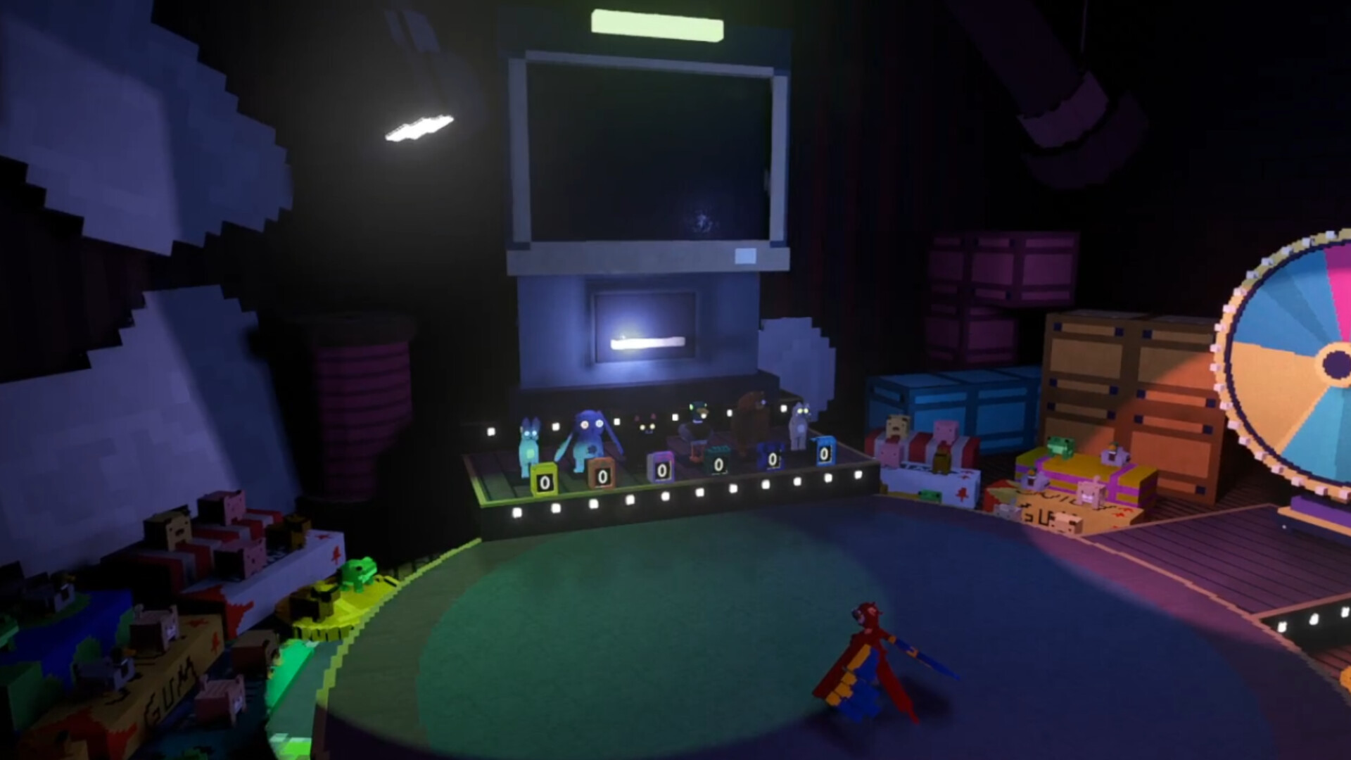 Party Party Parrot stands in a spotlight on the game-show stage in Plushie Party, with plush contestants lined up behind scoreboards and a prize wheel