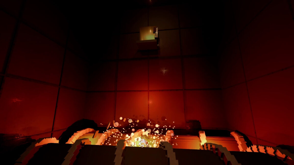 A losing plushie is torn apart in the glowing shredder in Plushie Party, stuffing flying in a red-lit chamber