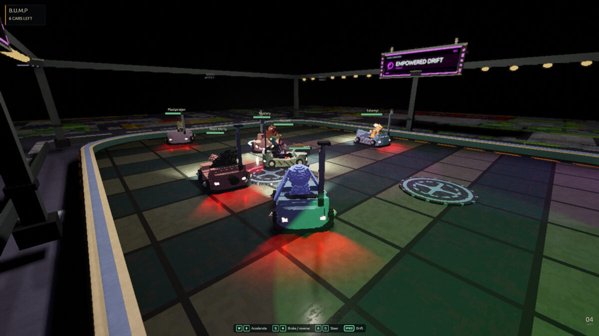 Plushies drive bumper cars across a neon arena in the Empowered Drift mini-game of Plushie Party