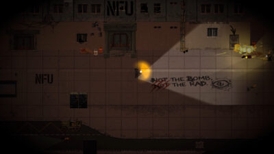 A lone scavenger with a flashlight beside graffiti reading Not the bomb, not the rad outside a ruined university in Project S.U.N.D.I.A.L.