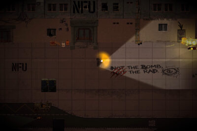 A lone scavenger with a flashlight beside graffiti reading Not the bomb, not the rad outside a ruined university in Project S.U.N.D.I.A.L.