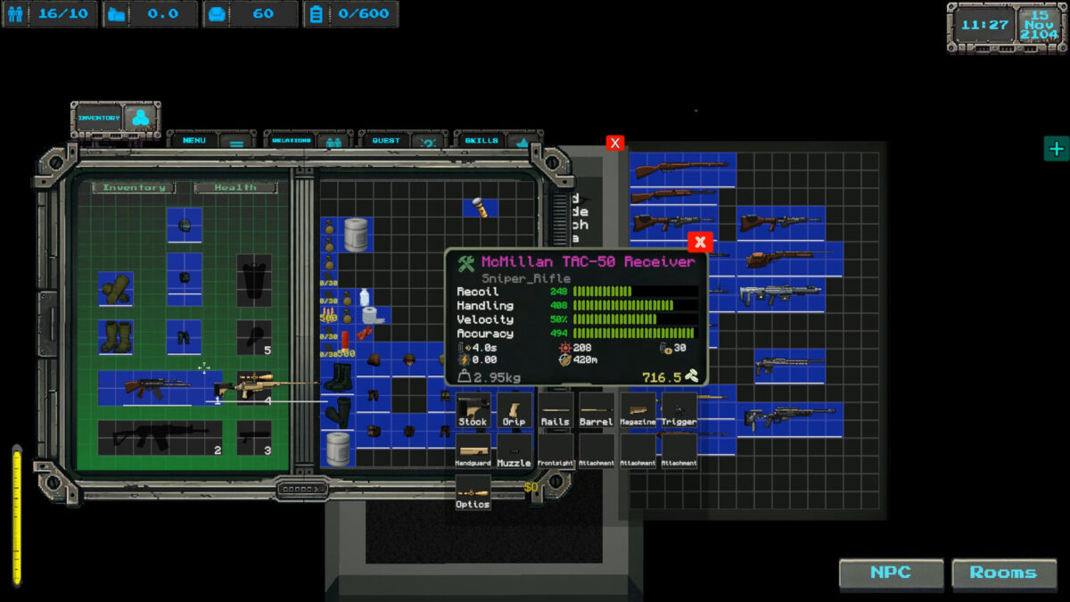 The weapon assembly screen in Project S.U.N.D.I.A.L., with a rifle receiver and slots for stock, barrel, trigger and optics