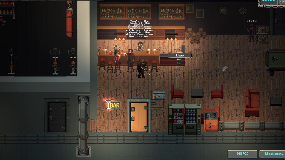 Survivors drink at the bar of an underground bunker hideout in Project S.U.N.D.I.A.L.