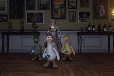 Three alien ducks with flashlights stand in a hallway as the glowing-eyed homeowner looms behind them in QUIET