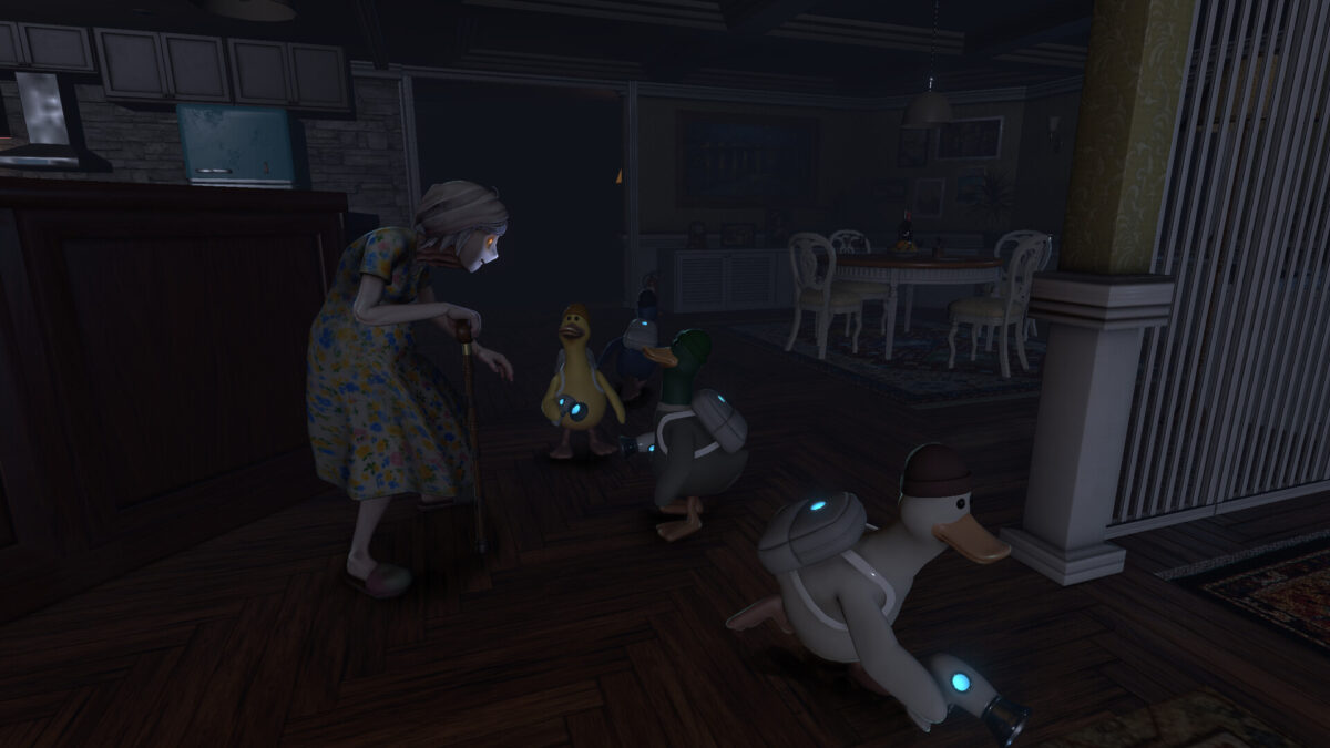 The homeowner leans on her cane as a flock of alien ducks sneaks past her in a dark kitchen in QUIET