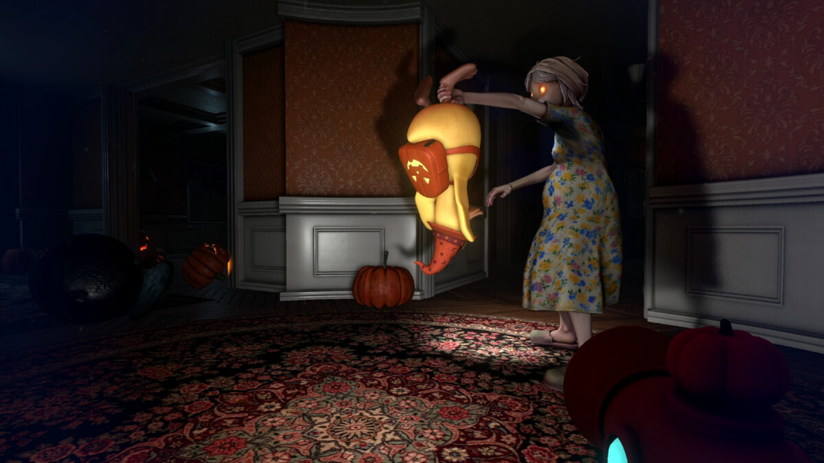 The homeowner holds a caught duck upside down by its feet in a room decorated with pumpkins in QUIET