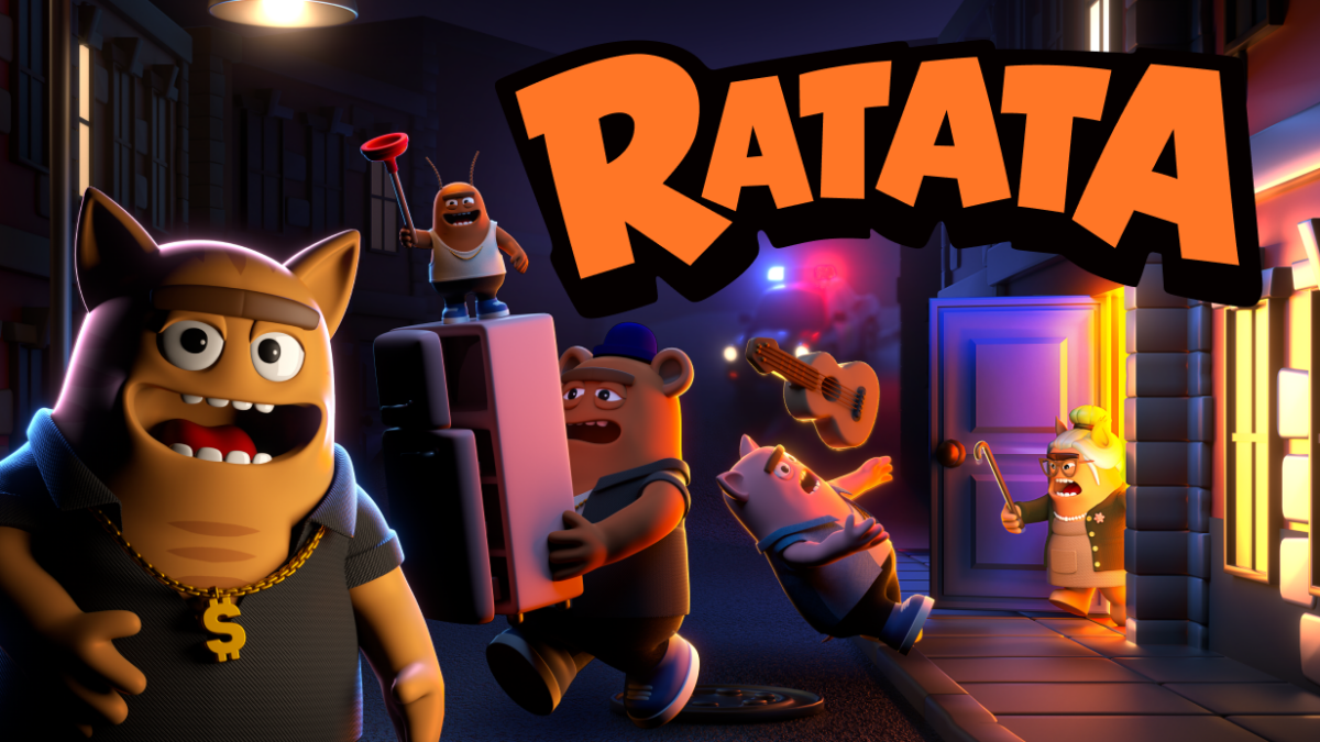 A cat in a gold chain, a bear hauling a fridge and a startled granny squirrel on a night street in RATATA key art