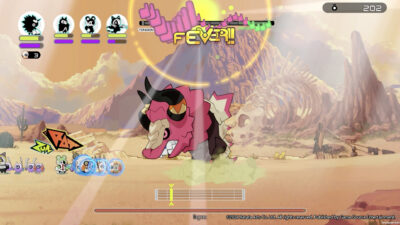 Ratatan and her Cobun army march on a horned pink beast across a desert of giant bones