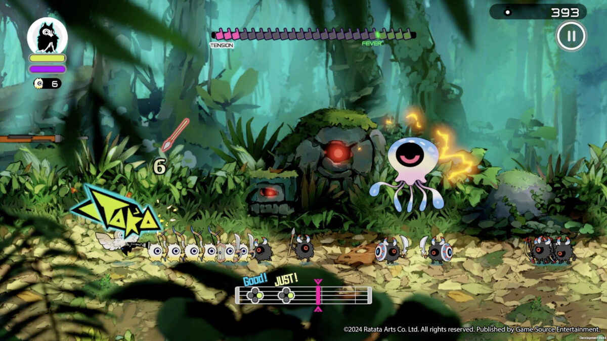 A column of Cobun marches through a jungle toward a floating jellyfish creature in Ratatan