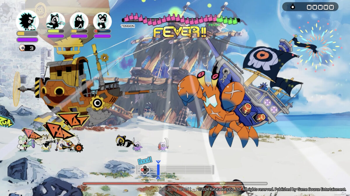 Fever mode erupts as the Ratatan army battles a giant crab-shaped pirate ship on a beach