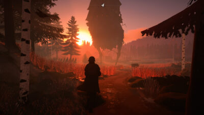 REKA screenshot: the young witch walks a forest path at sunset toward her cottage standing on giant chicken legs
