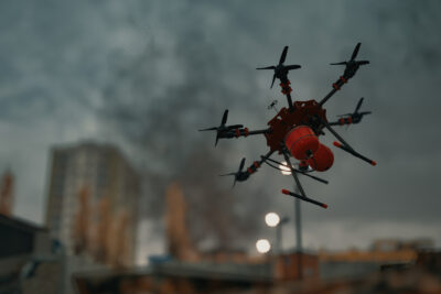 A firefighting drone hovering over a smoke-filled city in Rescue Drone Simulator Second Chance