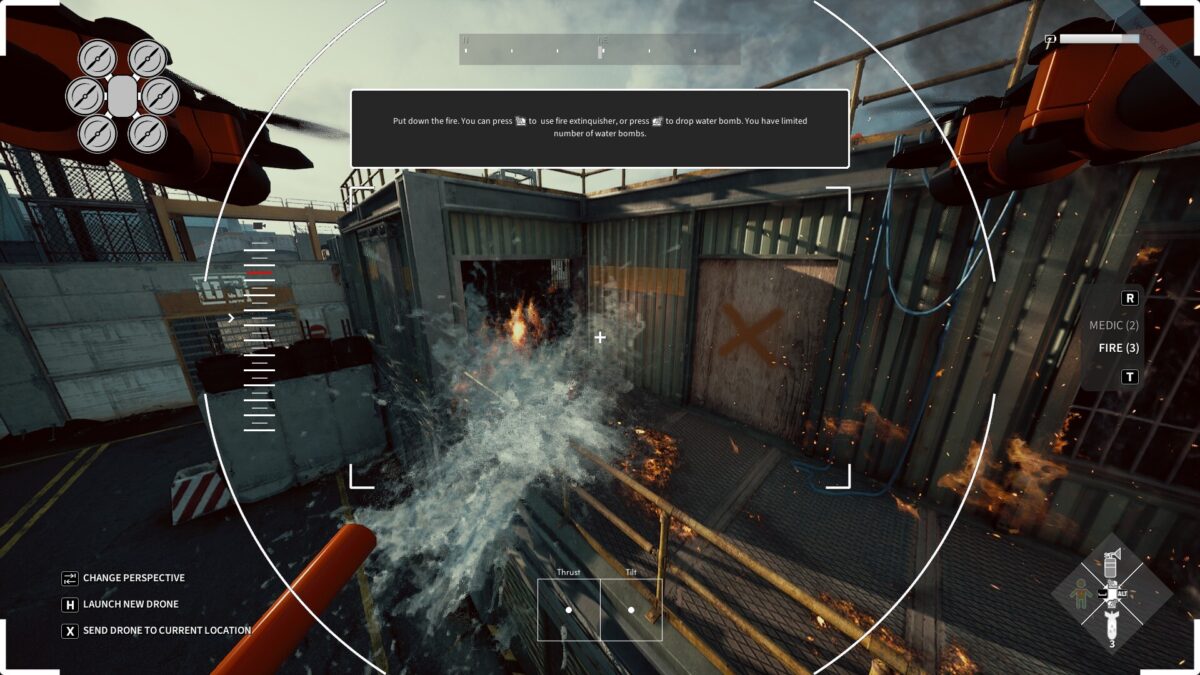 Drone camera view spraying water into a burning container in Rescue Drone Simulator Second Chance