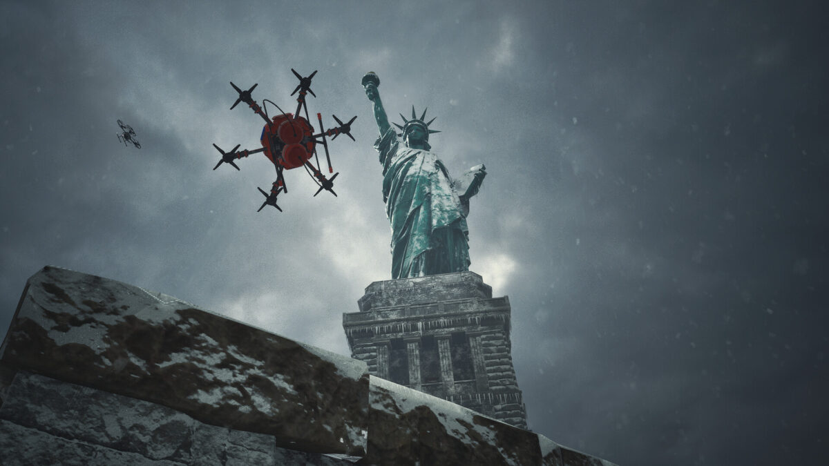 Drones flying past a frozen Statue of Liberty in a winter storm in Rescue Drone Simulator Second Chance
