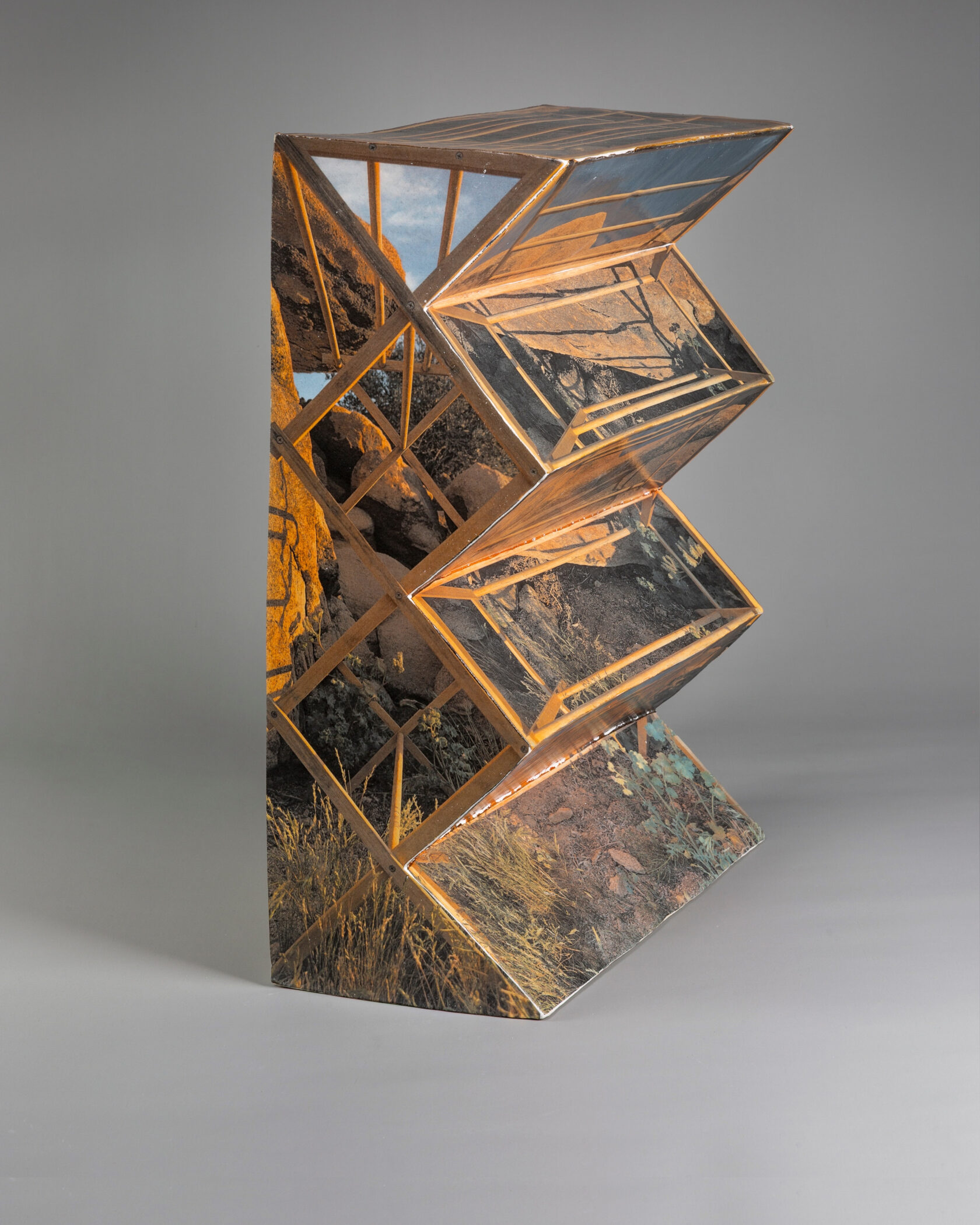 Ry Rocklen ceramic sculpture of a folding drying rack printed with a high desert landscape