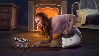 Sadie Sink kneels by a fireplace as three hand-drawn mice carry off a pair of shoes in Prada’s holiday 2026 campaign