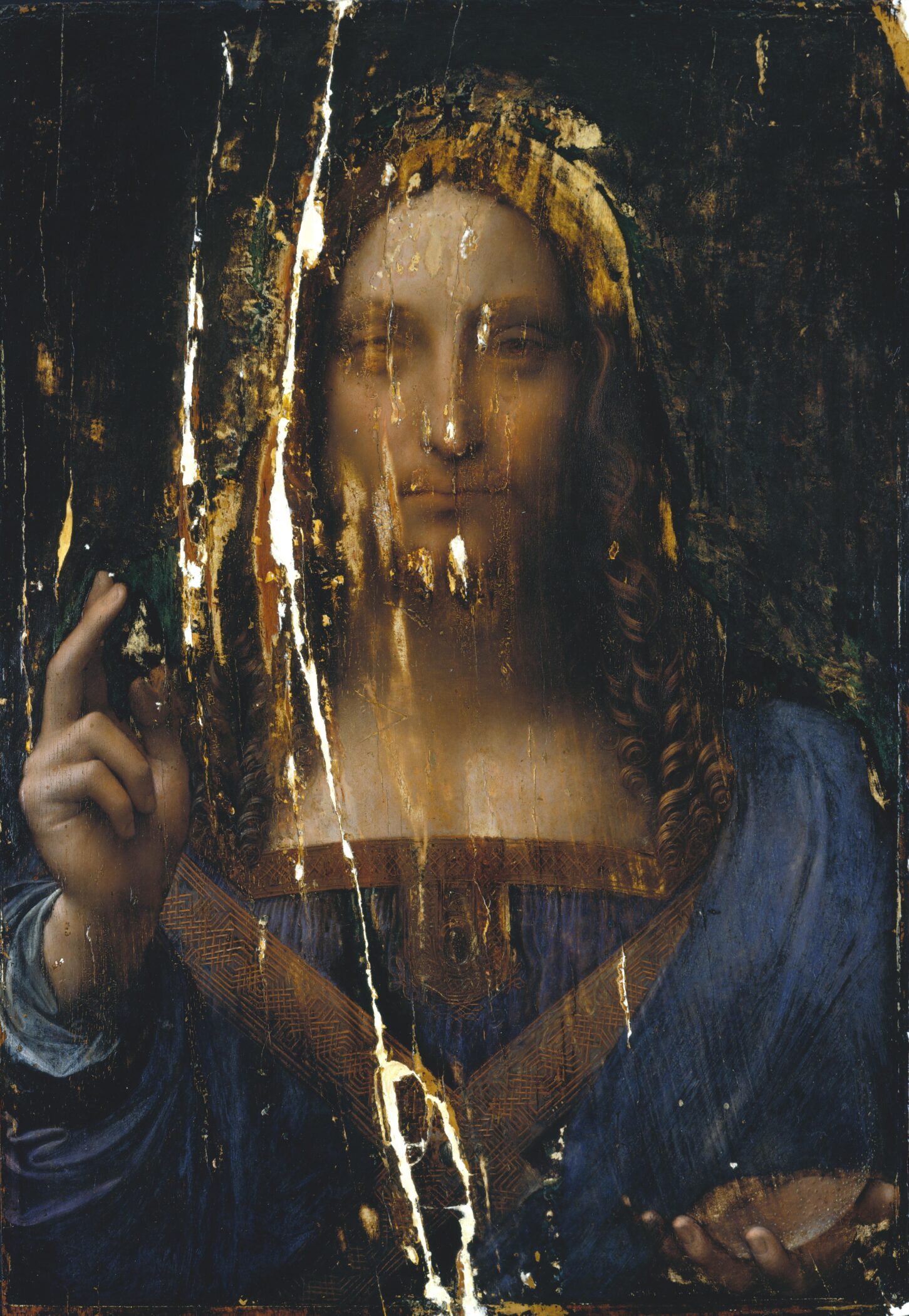 The Salvator Mundi after cleaning in 2006-07, showing cracks and paint losses