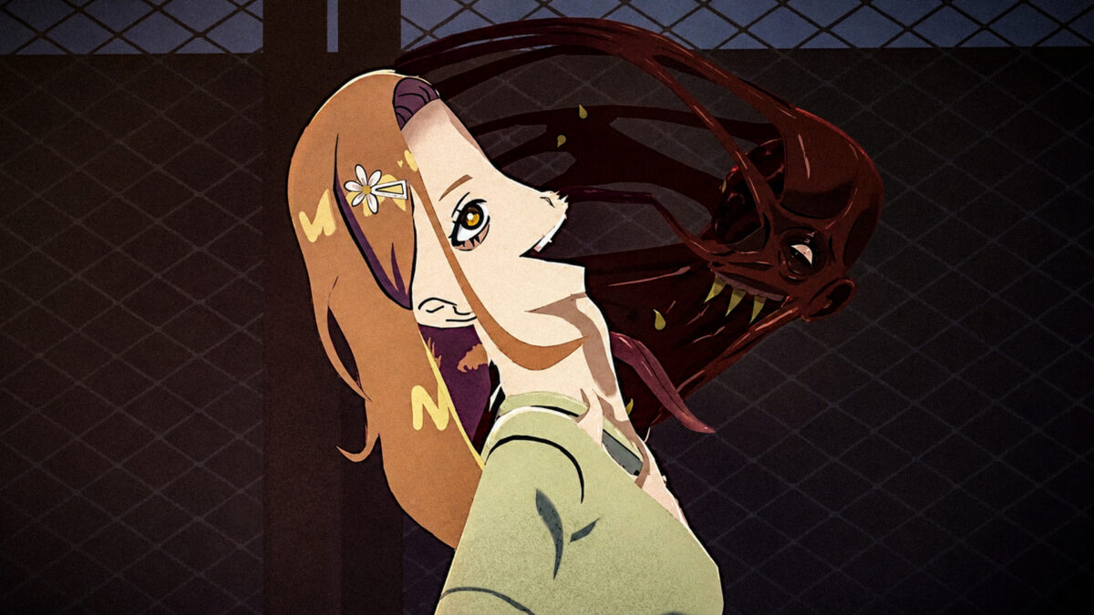 A hand-drawn anime-style frame of a schoolgirl as a dark spirit bursts from her hair beside a chain-link fence