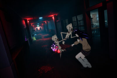 Aki Mizuno fights two skeletal spirits in a blood-red school corridor in Signal Veil