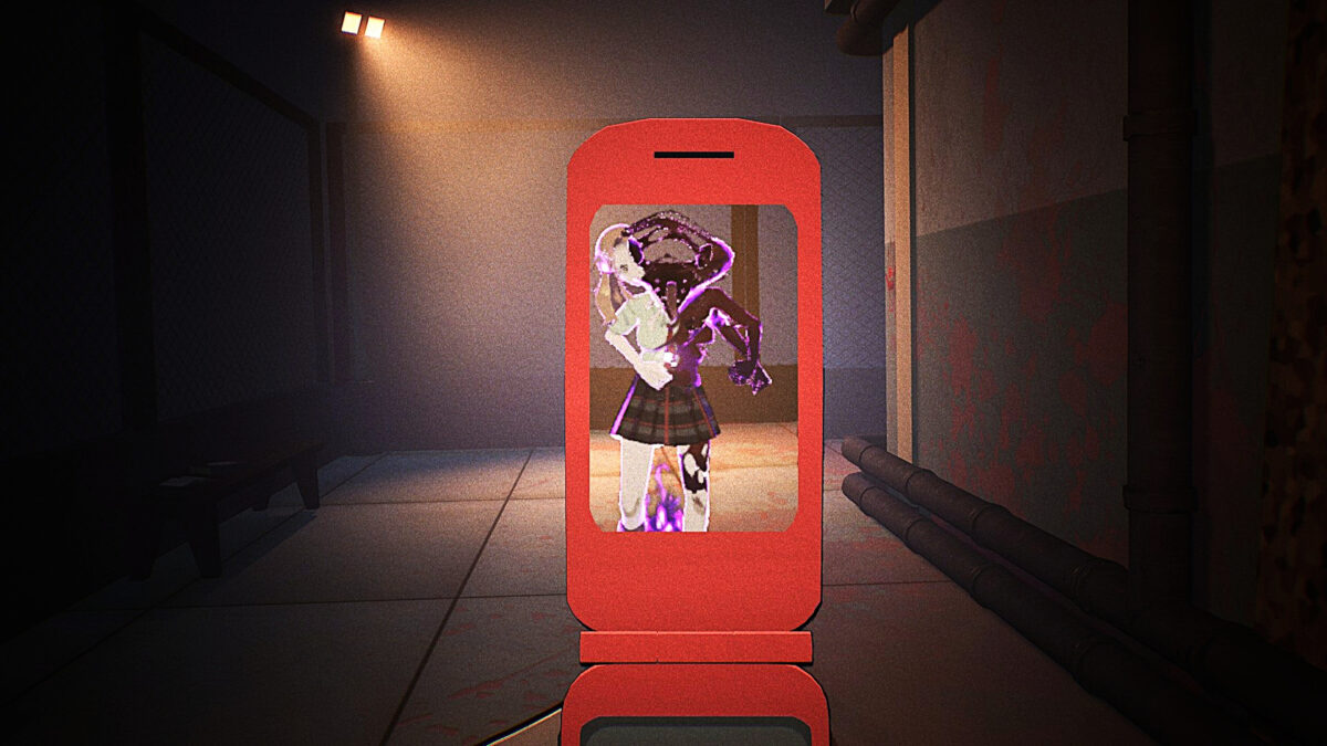 A red flip phone screen reveals a hidden spirit clinging to a schoolgirl in a dim school locker room