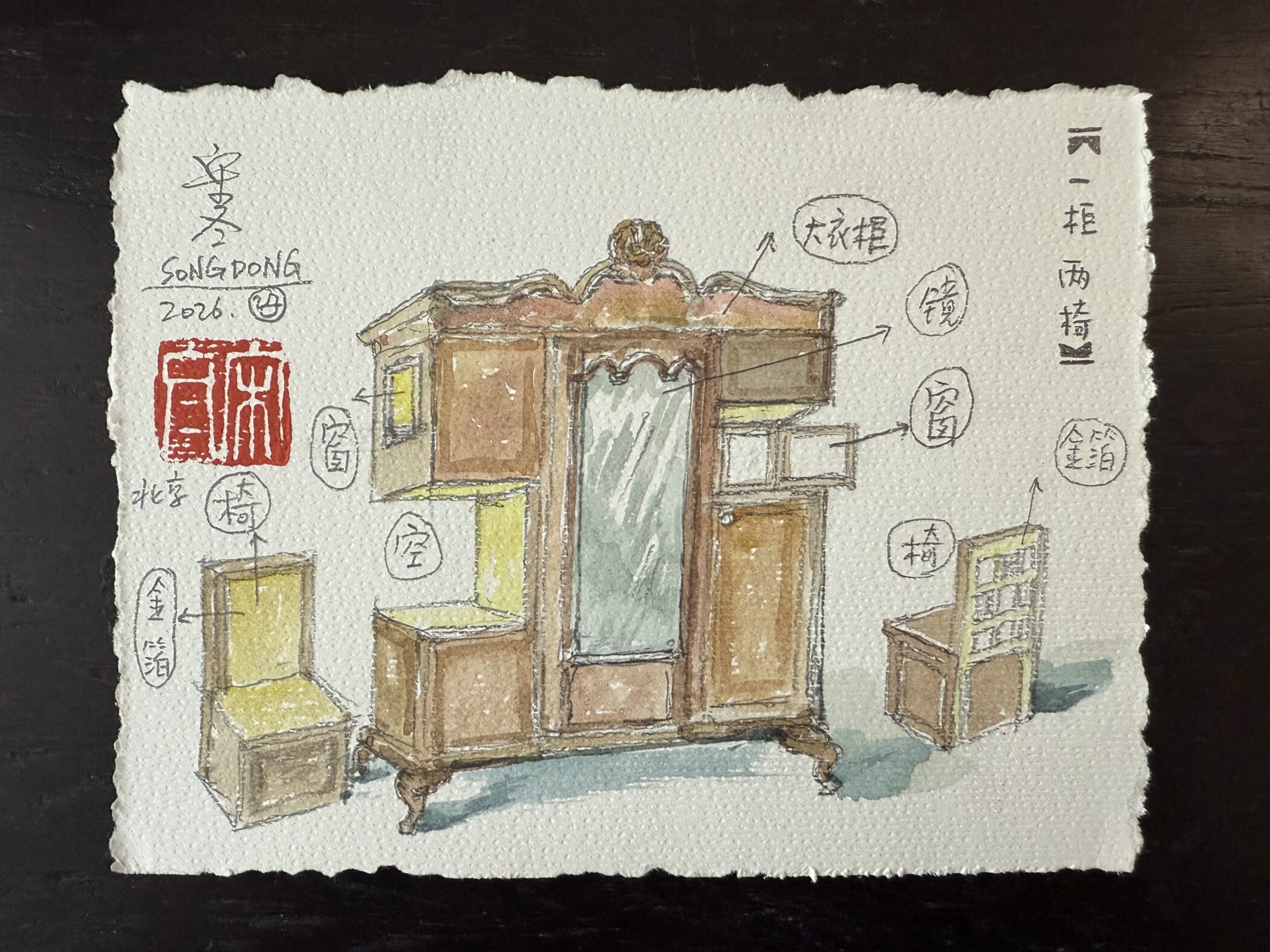 Song Dong watercolour sketch for his Ballroom installation: an old wardrobe, mirror and chairs annotated in Chinese