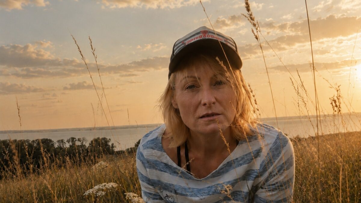 Sophie Woods kneeling in a summer meadow by the water, looking into the camera