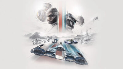Star Wars: Galactic Racer key art, a landspeeder, a podracer and a speeder bike racing past starship wreckage, with two pilots behind them