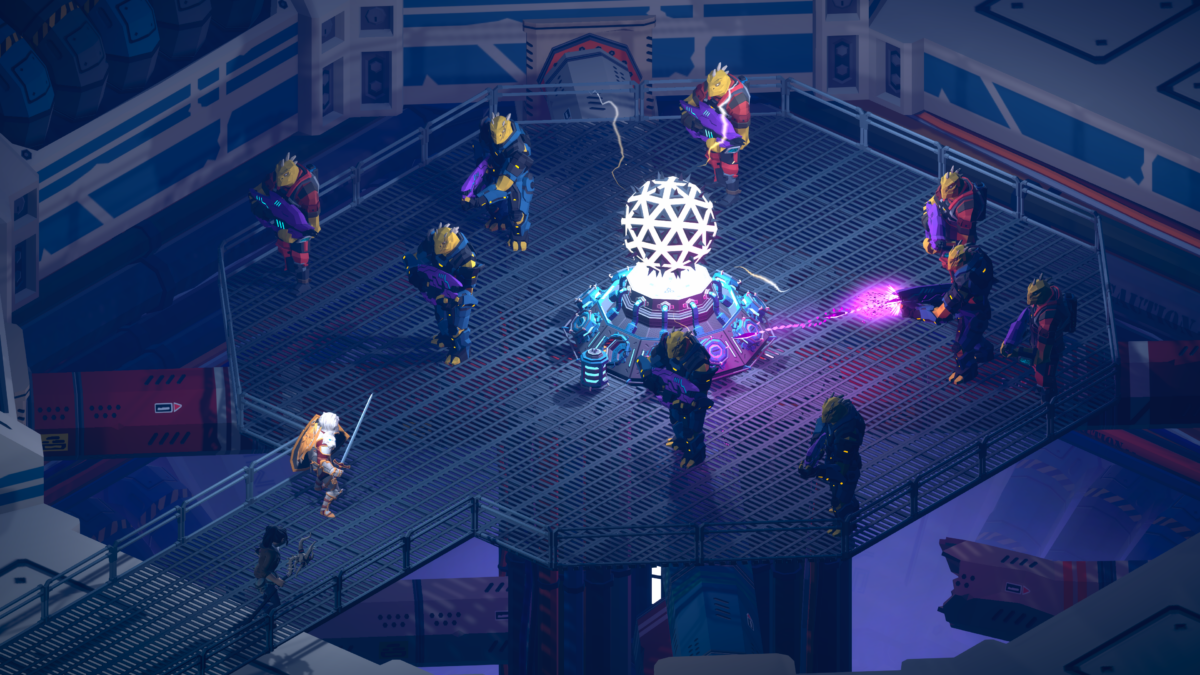 A sword-wielding knight and an archer face armed reptilian aliens around a glowing reactor core on a space station