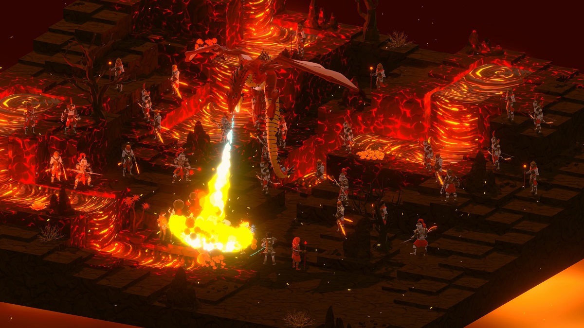 A red dragon breathes fire across a lava-cracked battlefield crowded with knights and archers