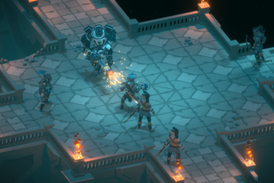 A heavy sci-fi mech fires a minigun at a party of fantasy heroes on a torchlit stone dungeon platform