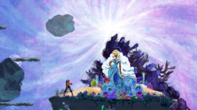 Talaka screenshot: the young warrior faces a towering Orisha goddess in blue beneath a violet watercolor sky