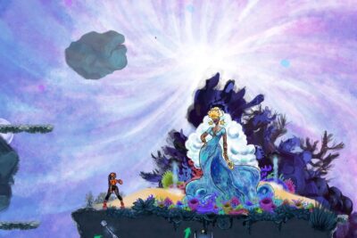 Talaka screenshot: the young warrior faces a towering Orisha goddess in blue beneath a violet watercolor sky