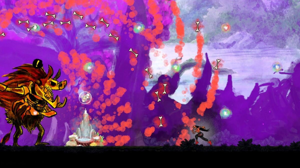 Talaka screenshot: a spiked beast lunges across a purple painted forest as the warrior dodges