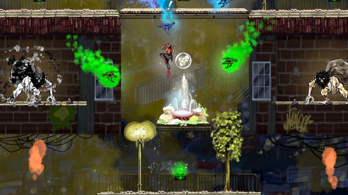 Talaka screenshot: combat on the rooftops and streets of a hand-painted São Paulo