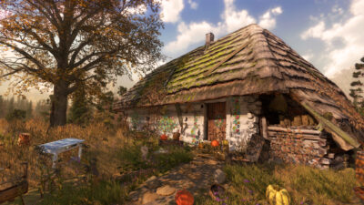 Thatched wooden cottage in a Slavic village in The End of the Sun