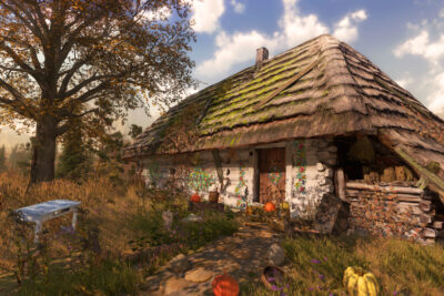 Thatched wooden cottage in a Slavic village in The End of the Sun