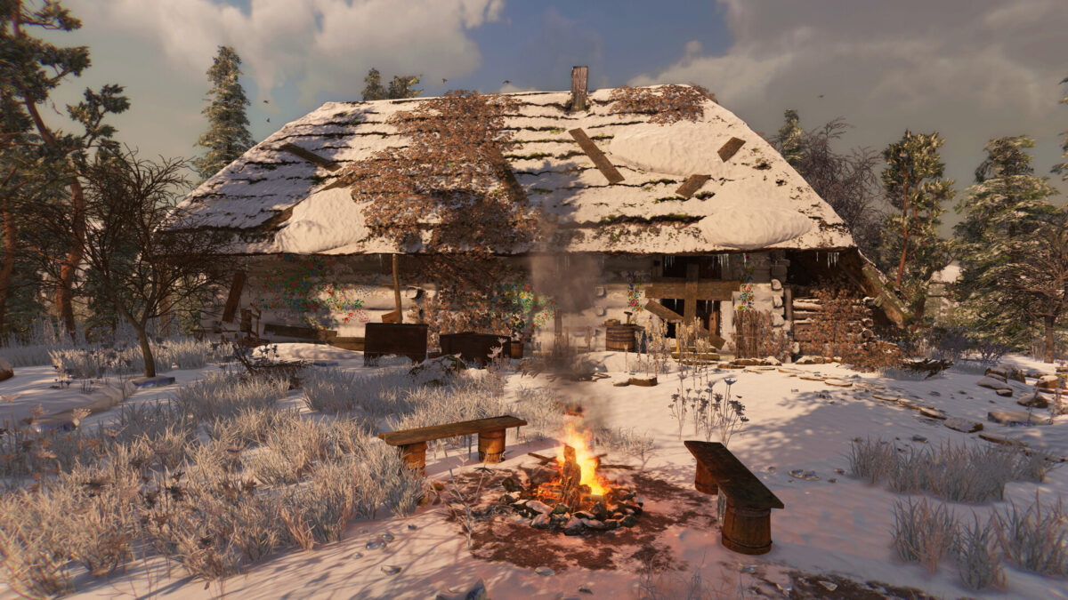 Snow-covered village cottage with a campfire in winter in The End of the Sun