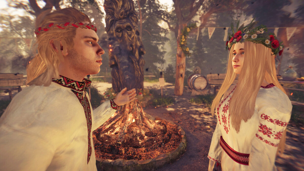 Villagers in embroidered folk dress at a ritual bonfire in The End of the Sun