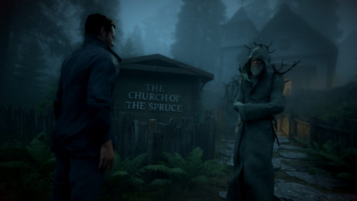 Edward Walker faces a hooded resident outside the Church of the Spruce in The Pines