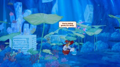Lunne kneels beside a small water spirit inside a blue underwater Heart Palace in The Witch’s Bakery