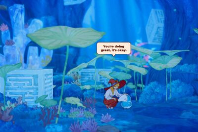 Lunne kneels beside a small water spirit inside a blue underwater Heart Palace in The Witch’s Bakery